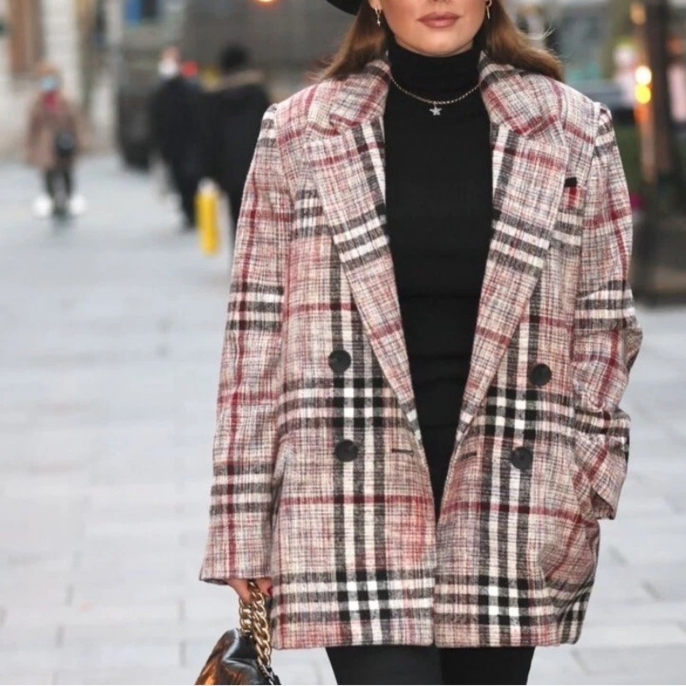 Free People‎ Colorful Plaid Double Breasted Oversized Blazer Size XS